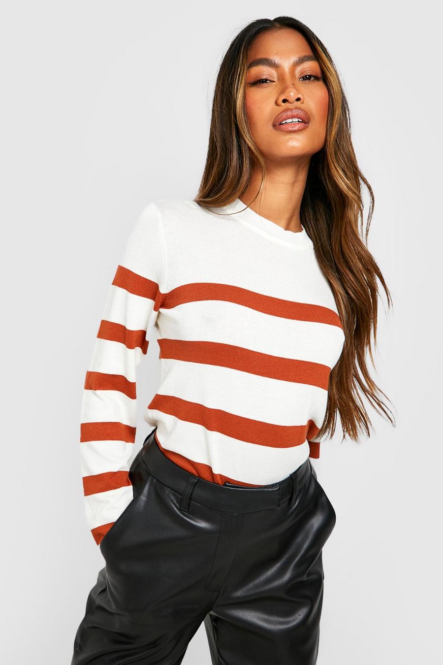 Ecru Stripe Knitted Crew Neck Sweater image number 1