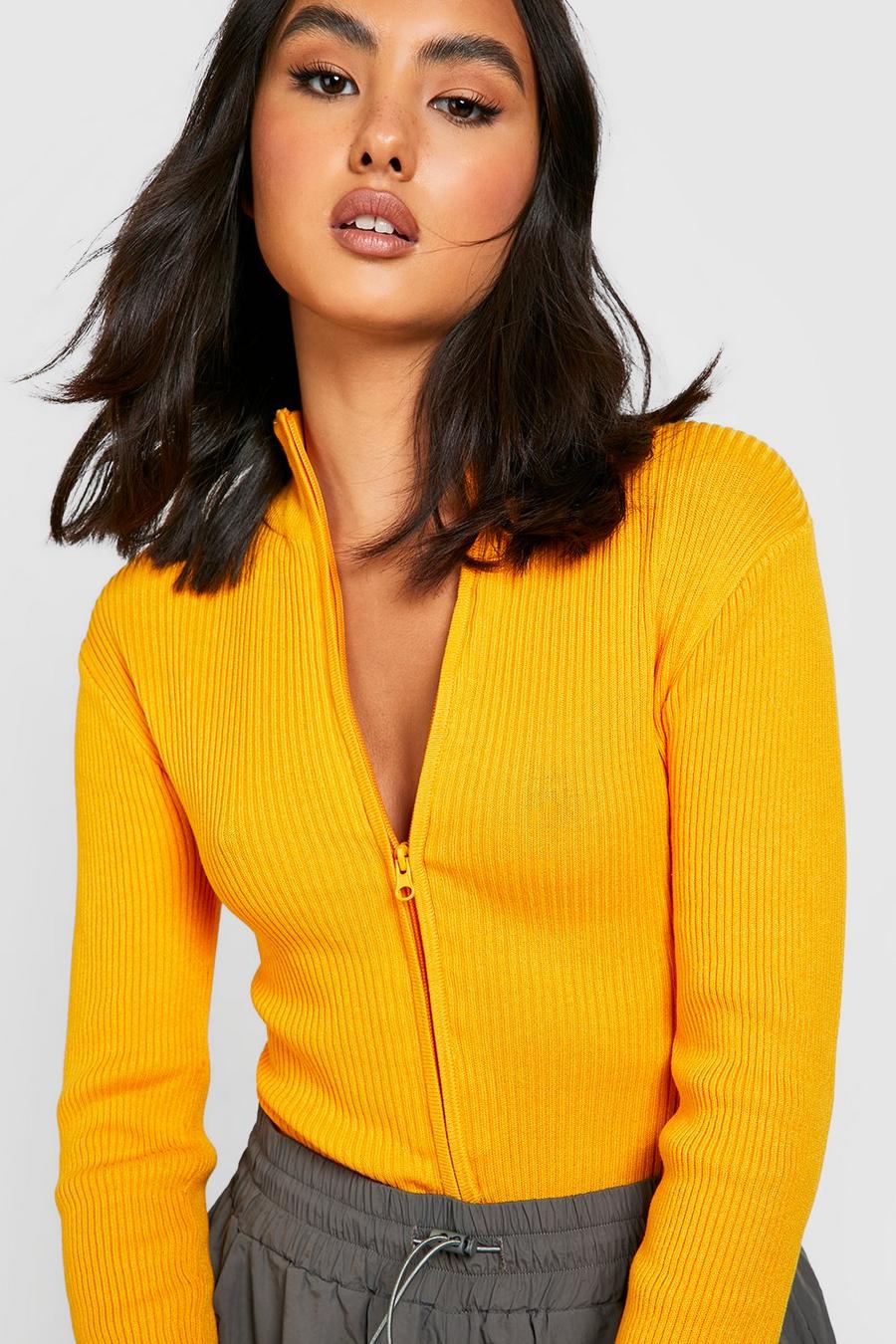 Orange Half Zip Up Knitted Bodysuit With Funnel Neck image number 1