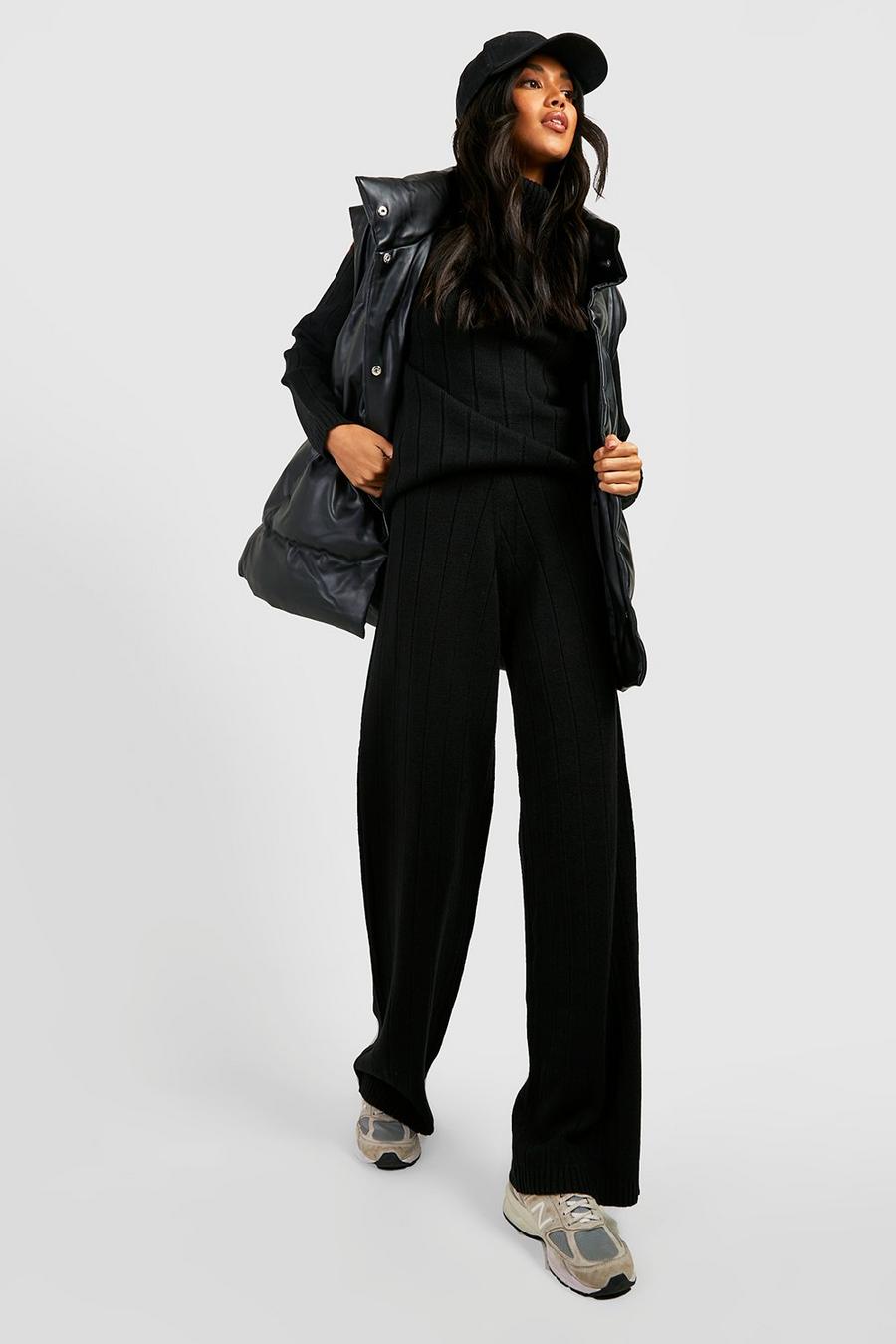 Set coordinato in maglia a coste ampie con collo alto & pantaloni, Black image number 1