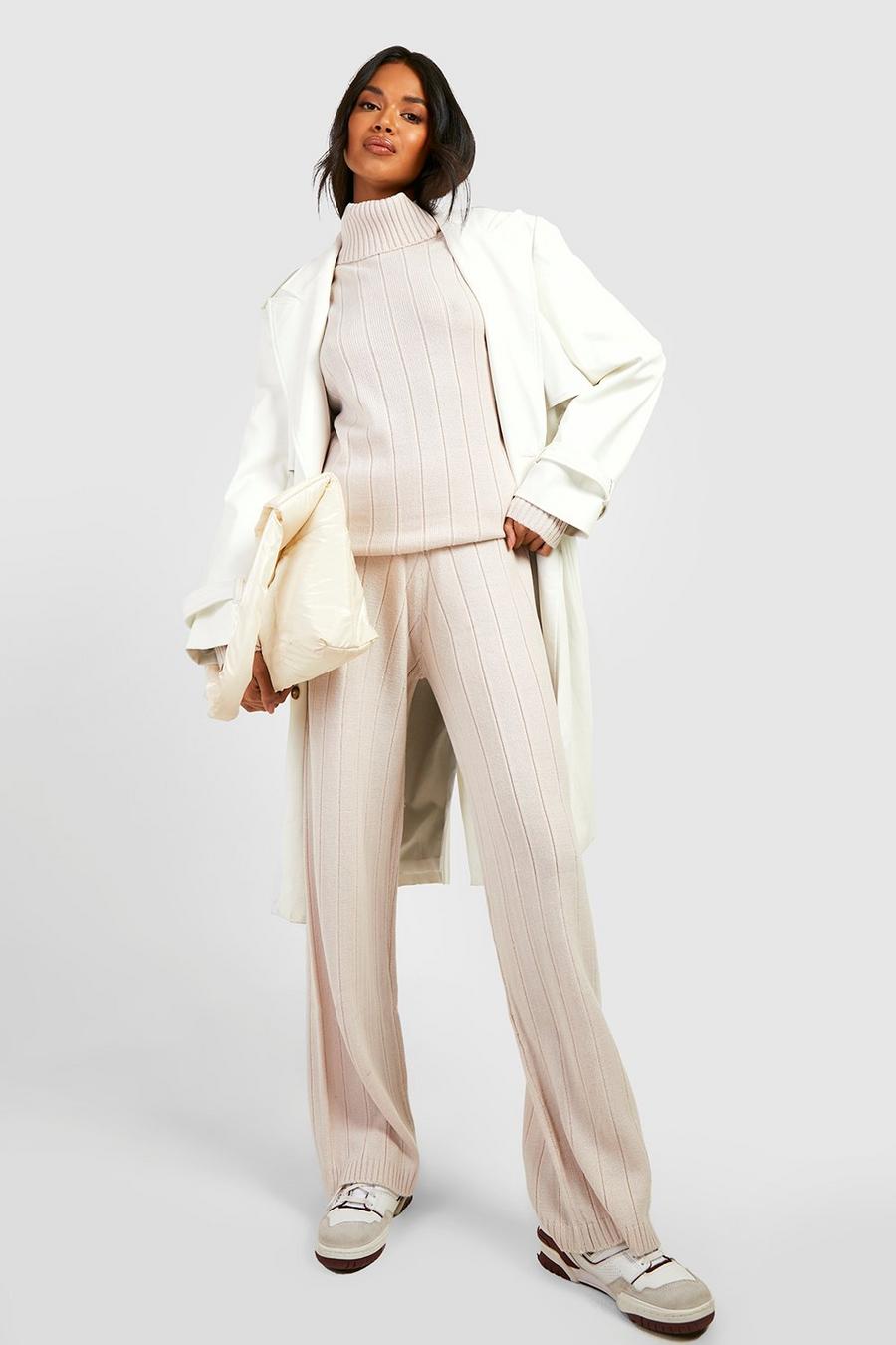Stone Wide Rib Roll Neck & Trouser Knitted Co-ord image number 1