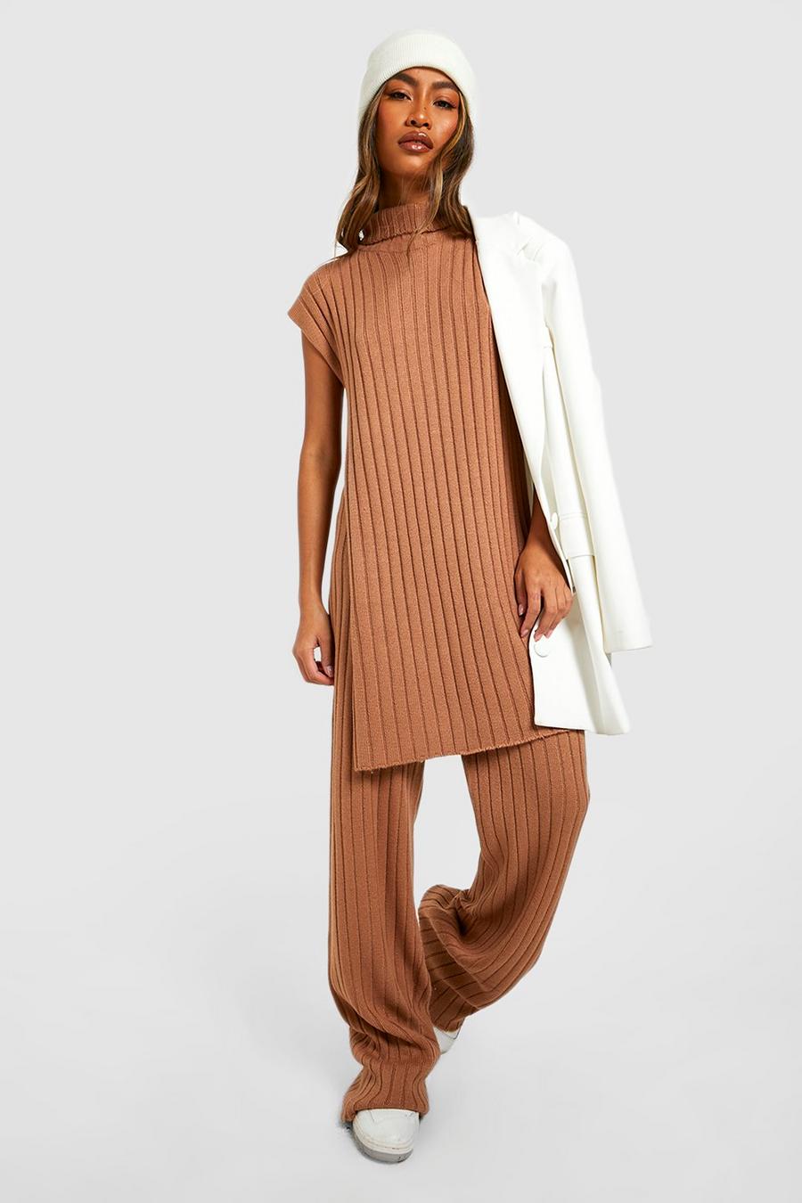Camel beige Turtleneck Sweater Vest & Pants Two-Piece