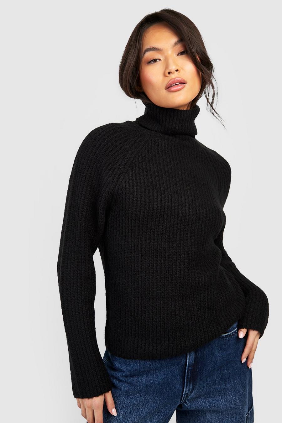 Black Boxy Roll Neck Knitted Jumper image number 1