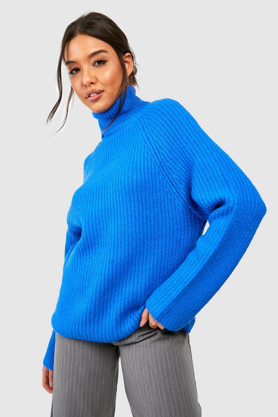 Pullover squadrato in maglia con collo alto, Cobalt image number 1