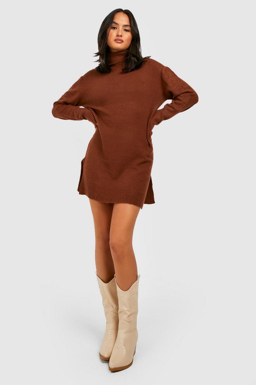 Chocolate brown Turtleneck Oversized Sweater Dress