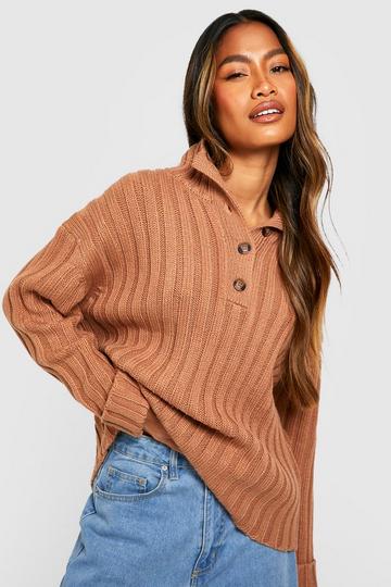 Camel Beige Polo Collar Knitted Sweater With Rolled Up Cuffs