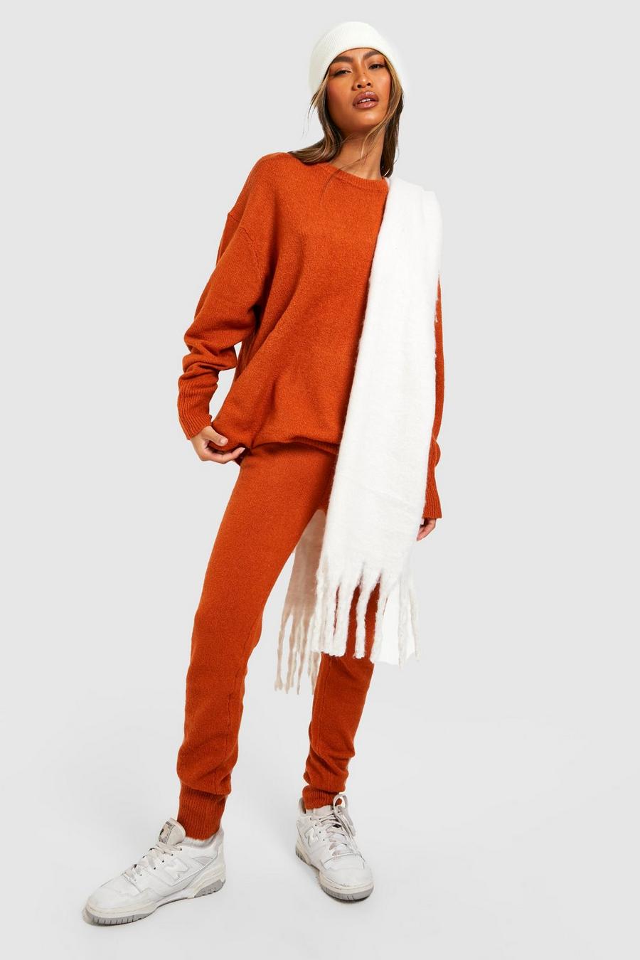 Rust orange Soft Knit Crew Neck Jumper & Trouser Co-ord image number 1