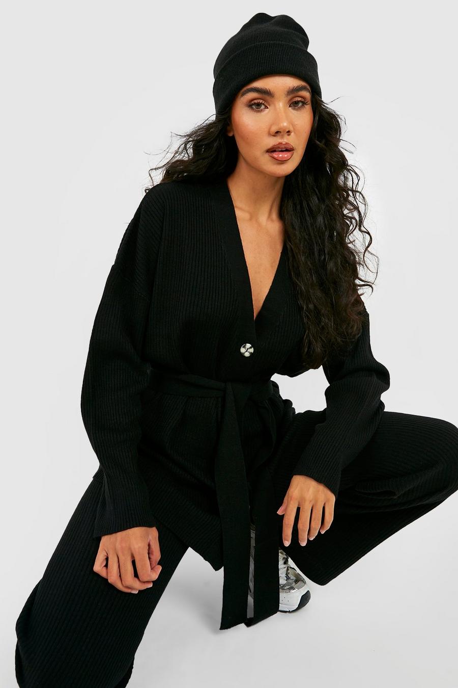 Black Knitted Cardigan & Wide Leg Pants Co-Ord image number 1