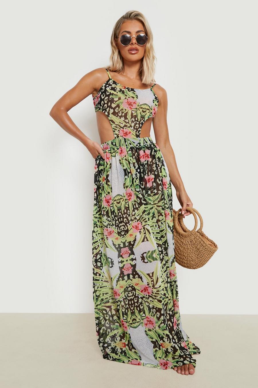 Black Tropical Animal Cut Out Maxi Beach Dress image number 1