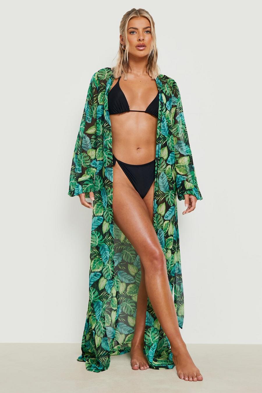 Black Tropical Belted Chiffon Beach Kimono image number 1