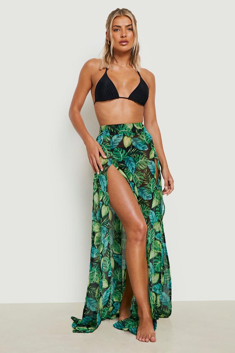 Black Tropical Split Chiffon Beach Skirt image number 1