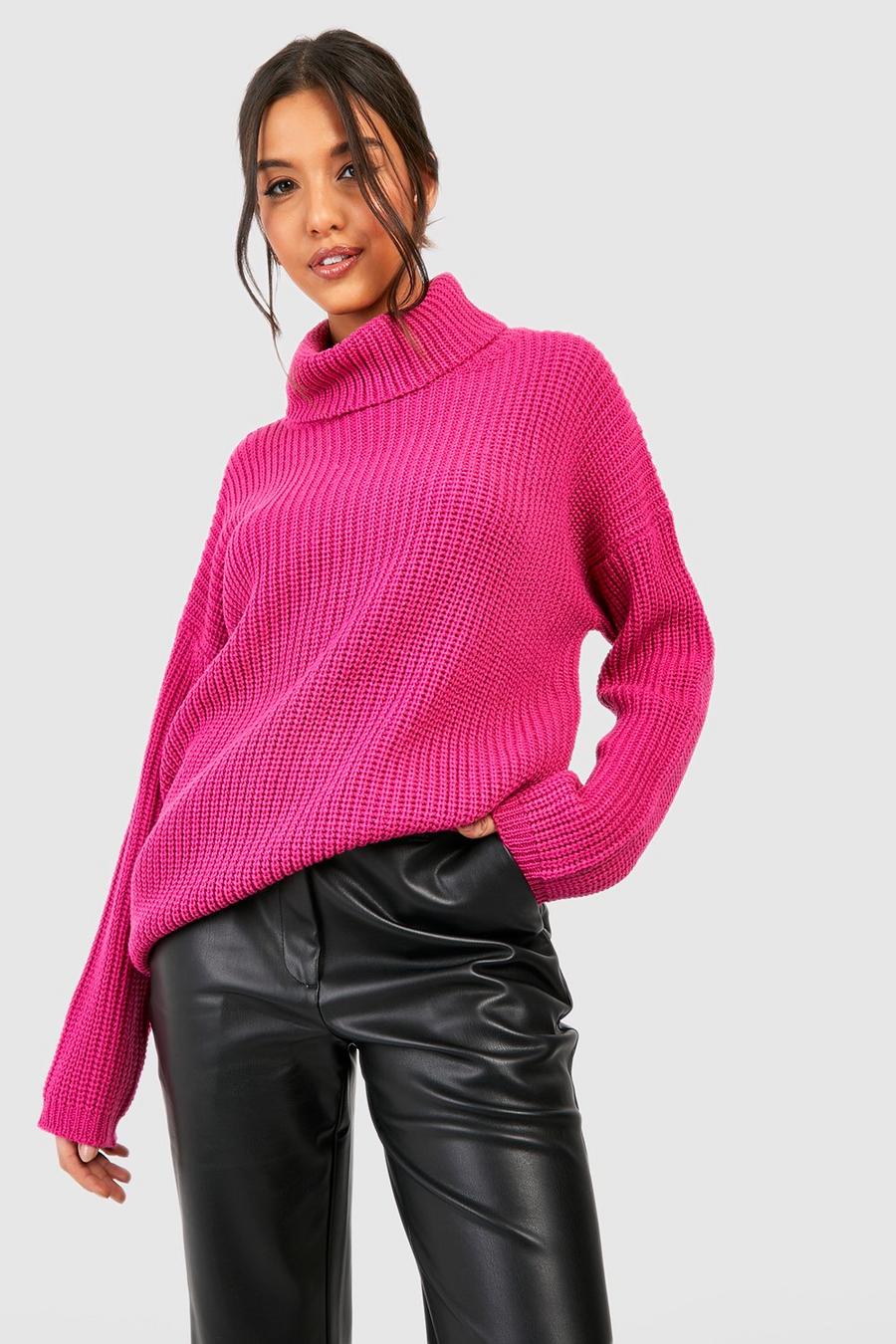 Fuchsia Oversized Roll Neck Knitted Jumper image number 1
