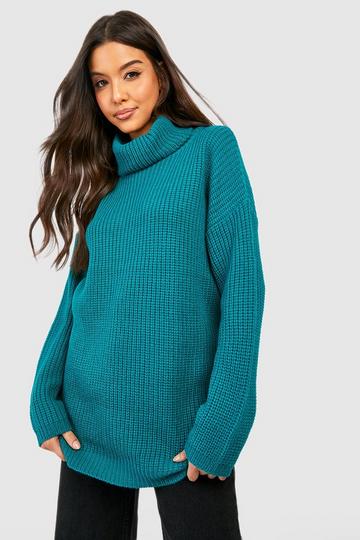 Teal Green Oversized Turtleneck Knitted Sweater