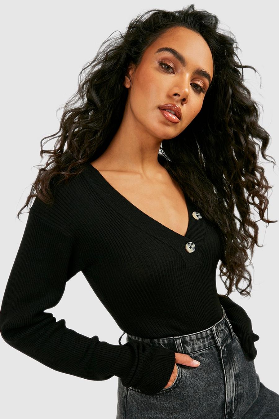 Black Knitted V Neck Bodysuit With Button Detail image number 1