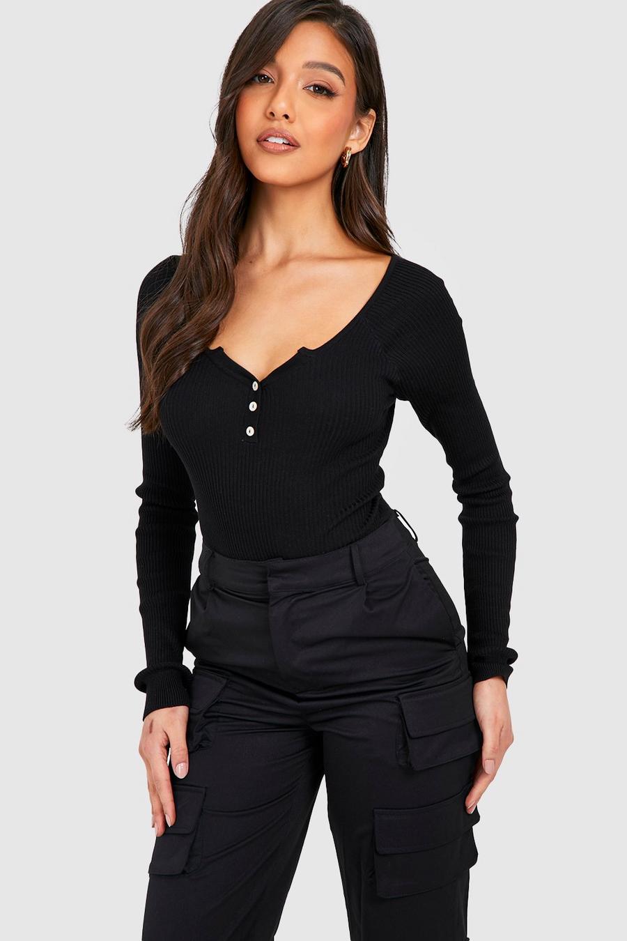 Black Deep V Knitted Bodysuit With Button Detail image number 1