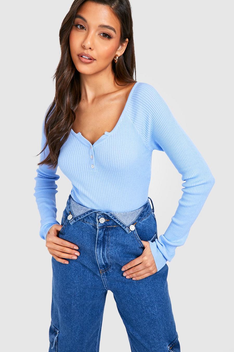Cornflower Deep V Knitted Bodysuit With Button Detail image number 1