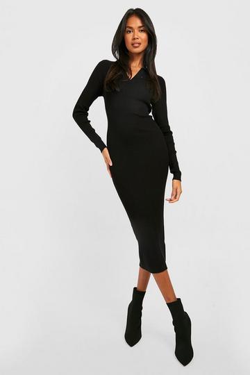 Black Rib Knitted Polo Collared Midi Dress