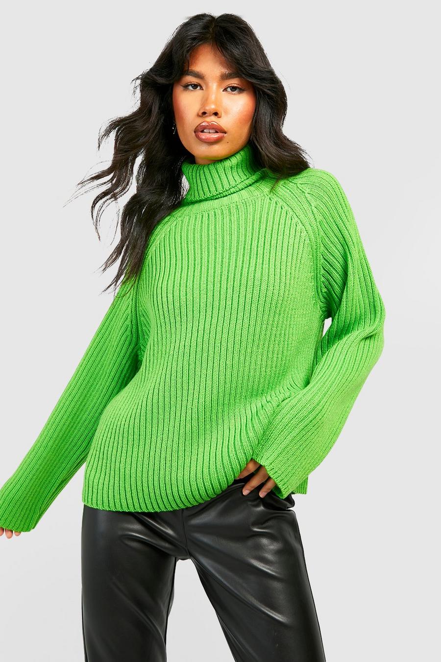 Maglione in maglia spessa con collo alto e maniche ampie, Apple green gerde