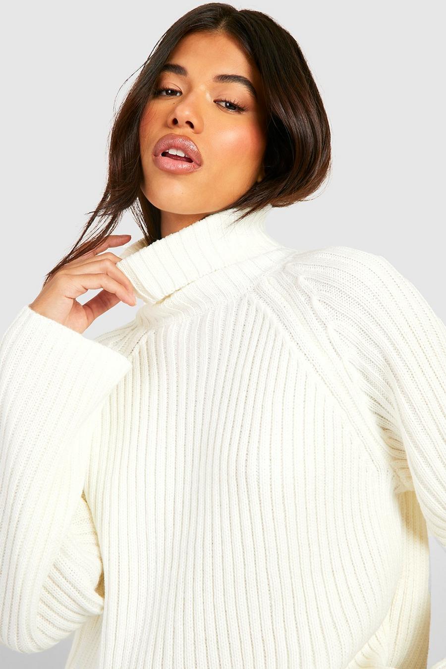 Maglione in maglia spessa con collo alto e maniche ampie, Ivory bianco