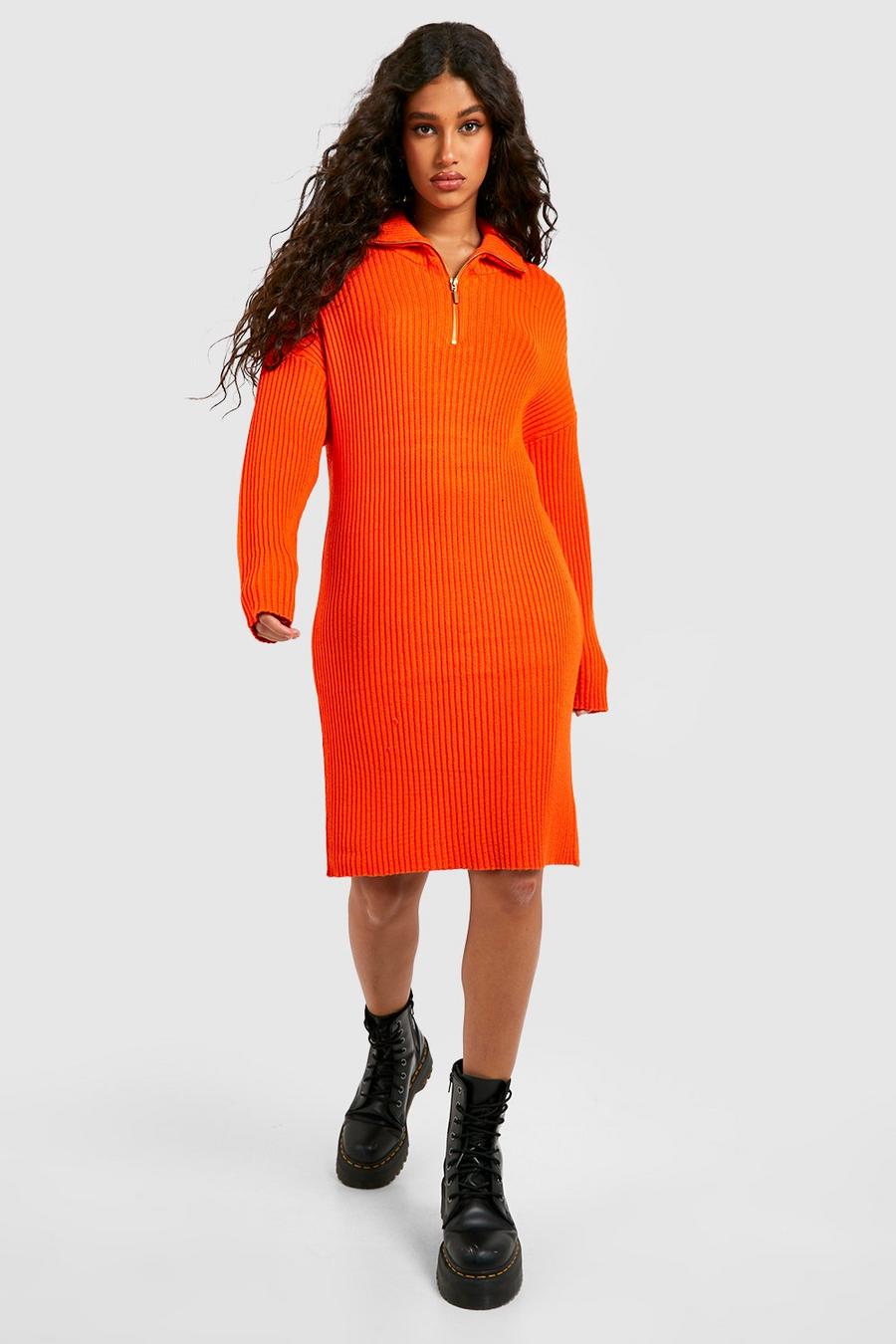 Orange Half Zip Collared Rib Knitted Dress image number 1