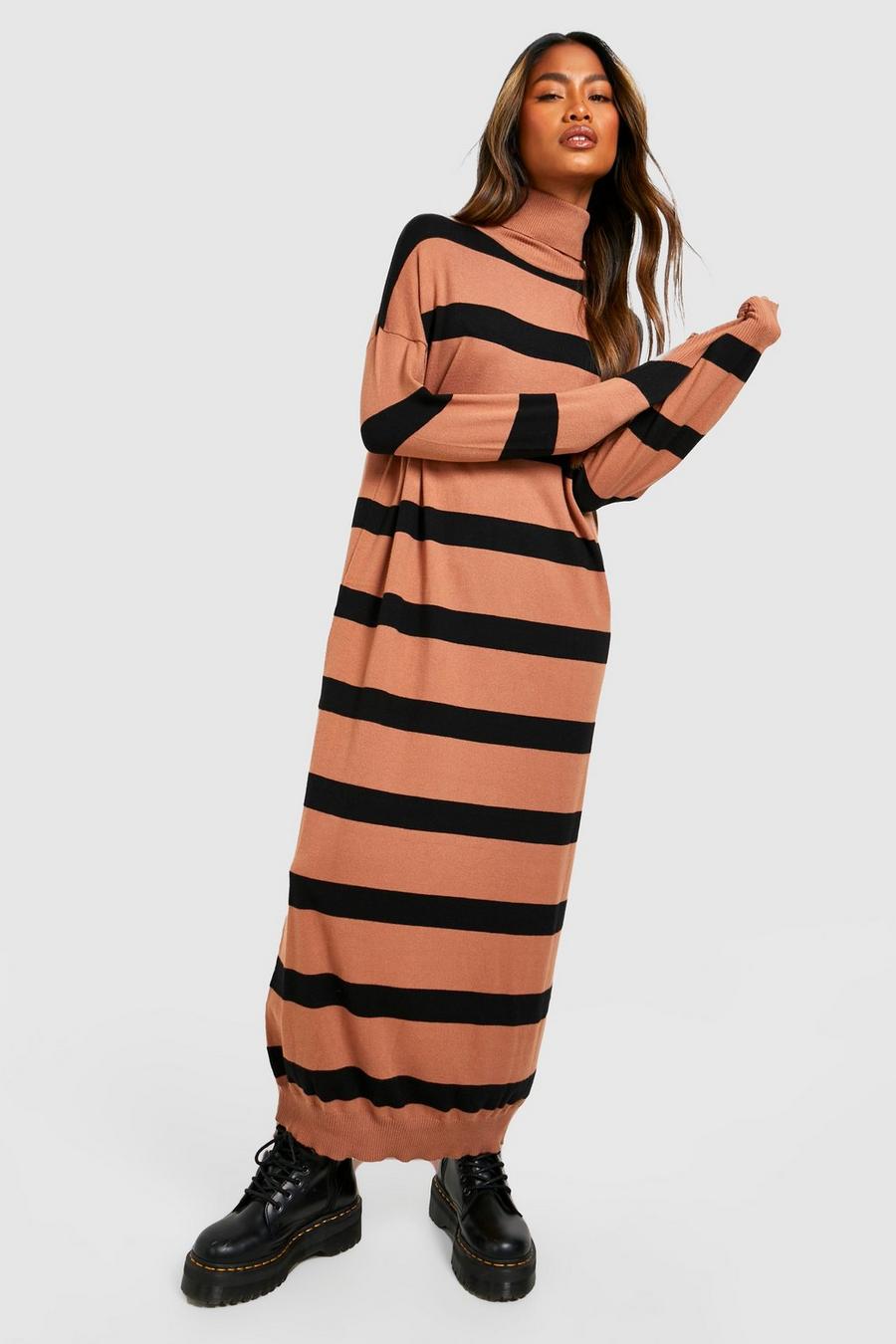 Camel Stripe Roll Neck Midaxi Knitted Dress image number 1