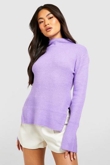 Purple Funnel Neck Knitted Sweater With Wide Sleeve