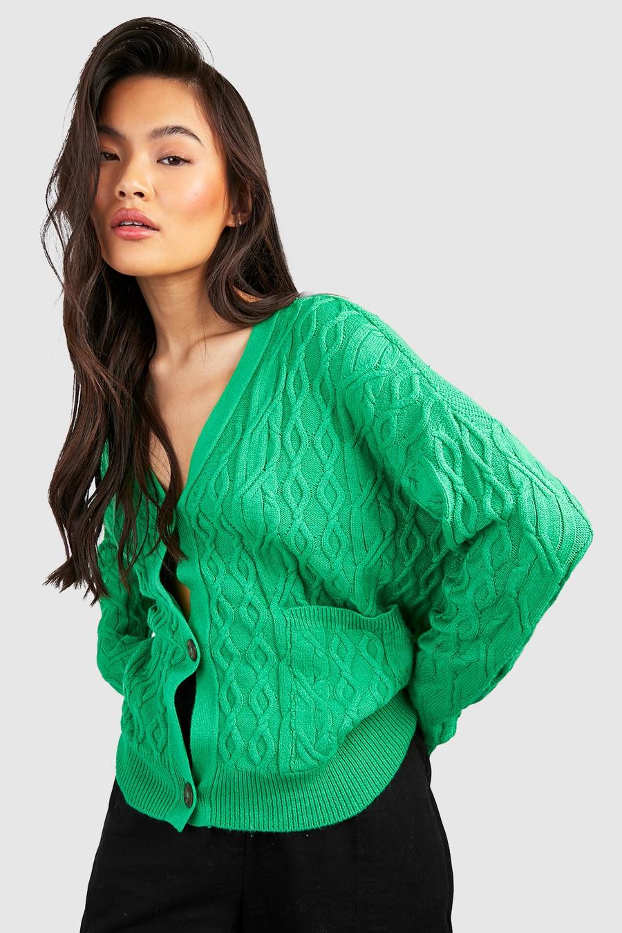 Green Cable Knitted Boxy Cardigan image number 1