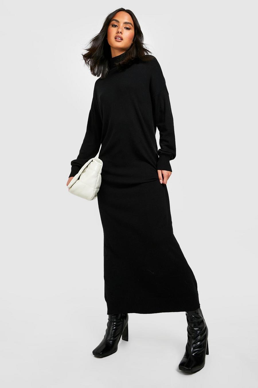 Black Fine Knit Turtleneck Knitted Midi Dress