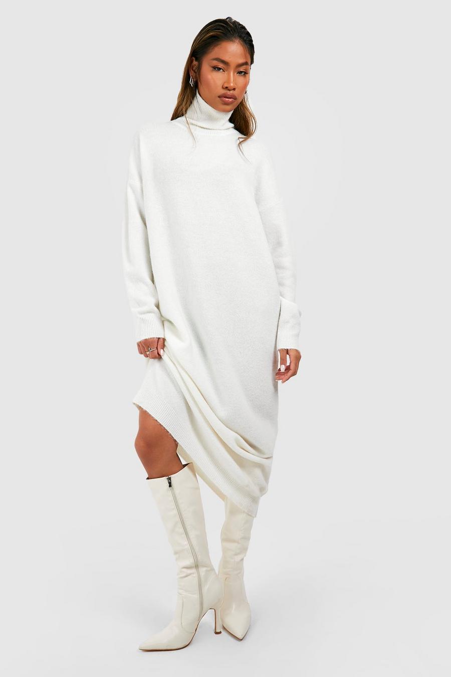 Ecru white Fine Knit Turtleneck Knitted Midaxi Dress