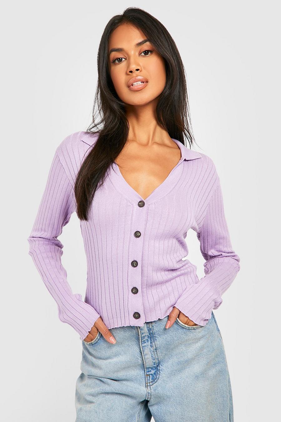 Lilac purple Rib Knitted Collared Cardigan