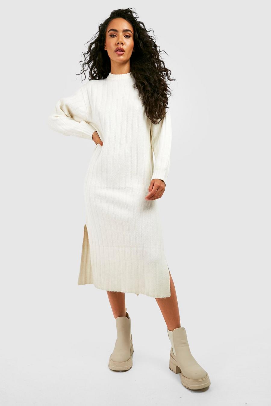 Ecru white Chunky Rib Soft Knitted Midi Dress image number 1