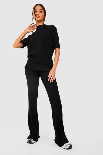 Rib Knitted Tunic And Wide Leg Trouser Set black