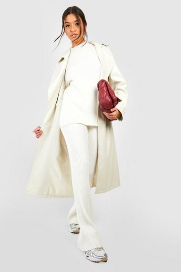 Ecru White Rib Knitted Tunic And Wide Leg Trouser Set