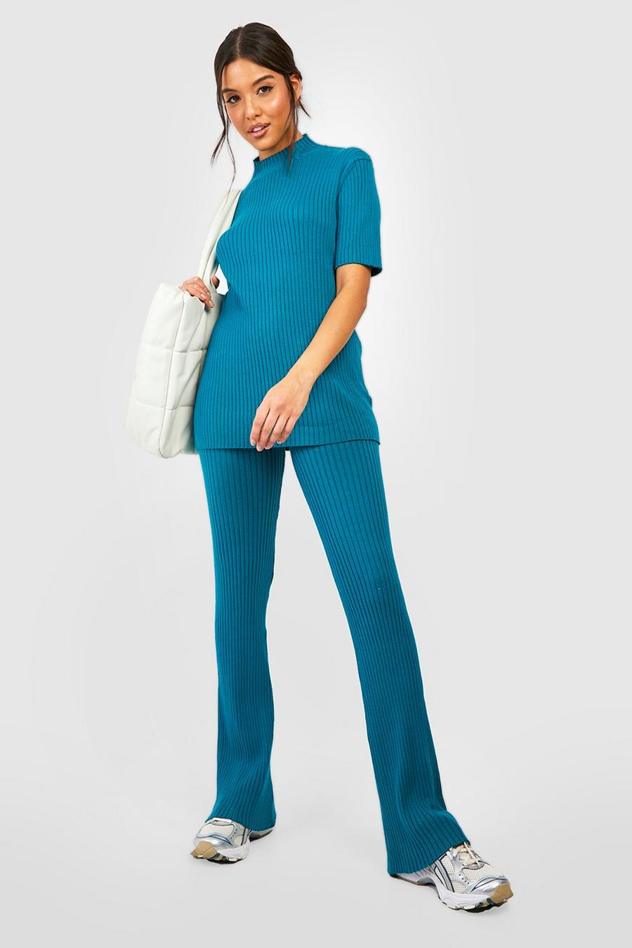 Teal Rib Knitted Tunic And Wide Leg Pants Set image number 1