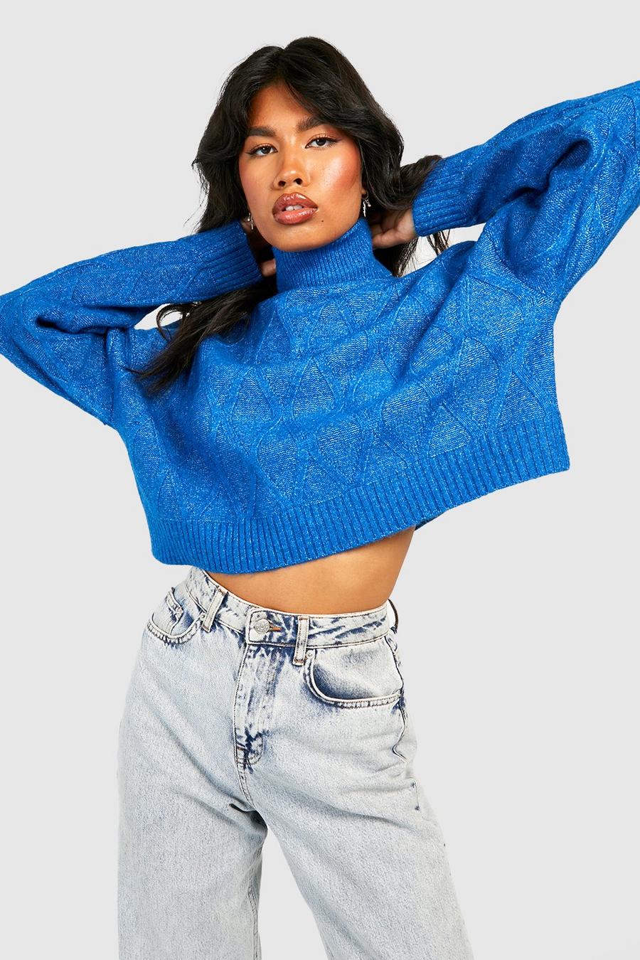 Cobalt blue Bright Cable Knit Roll Neck Jumper