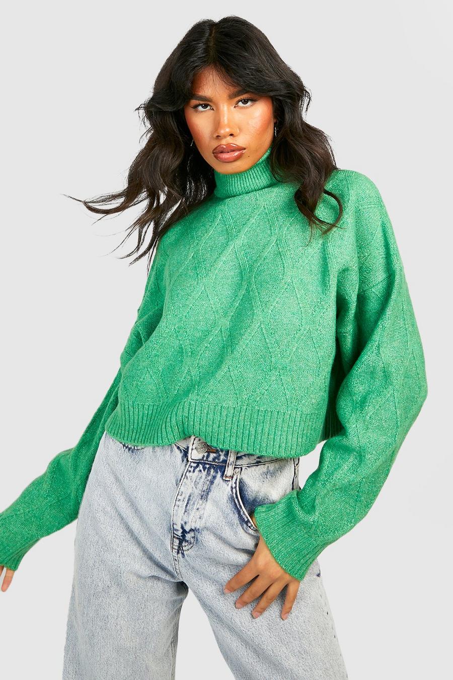 Green Bright Cable Knit Roll Neck Jumper image number 1
