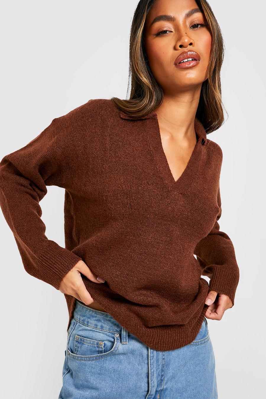 Chocolate Soft Knit Collared Jumper image number 1