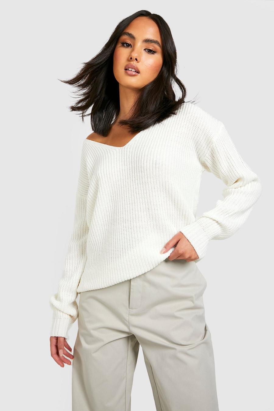 Ecru white V Neck Sweater image number 1