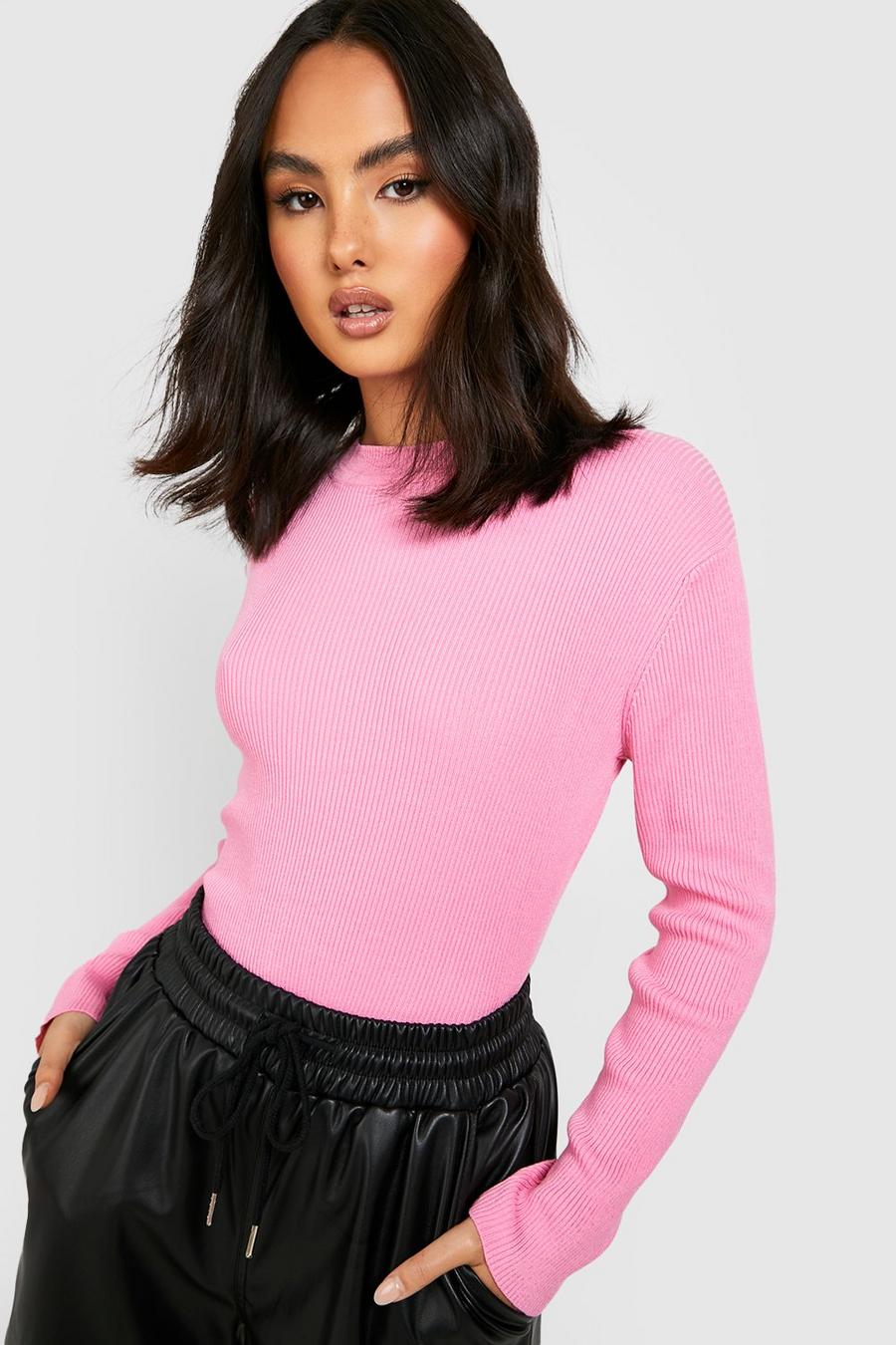 Pink Fine Knit Crew Neck Sweater image number 1
