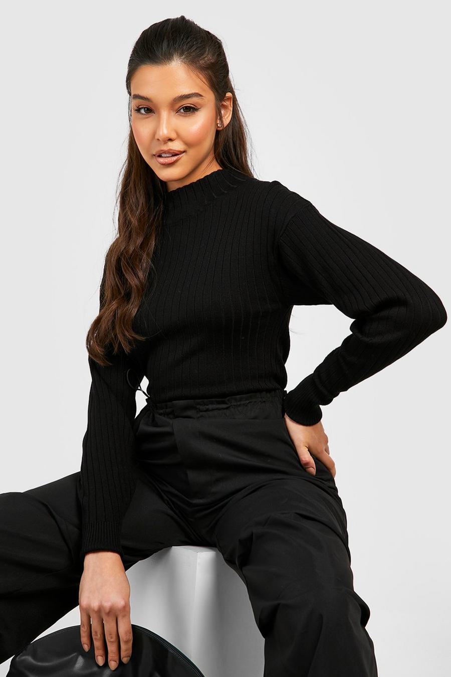 Black Ribbed Funnel Neck Knitted Sweater image number 1