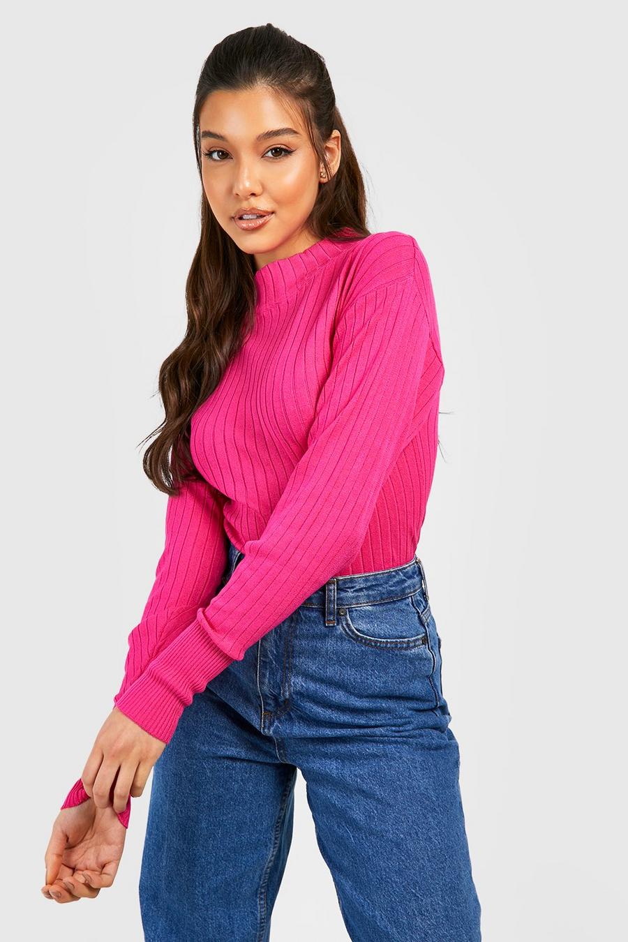 Fuchsia Ribbed Funnel Neck Knitted Jumper image number 1