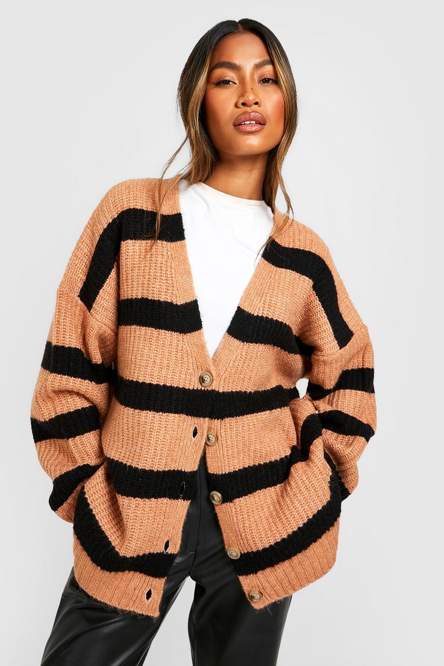 Camel Stripe Midi Soft Knit Cardigan image number 1