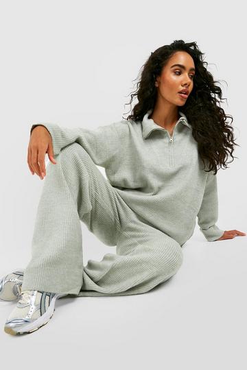 Funnel Neck And Wide Leg Pants Knitted Set sage