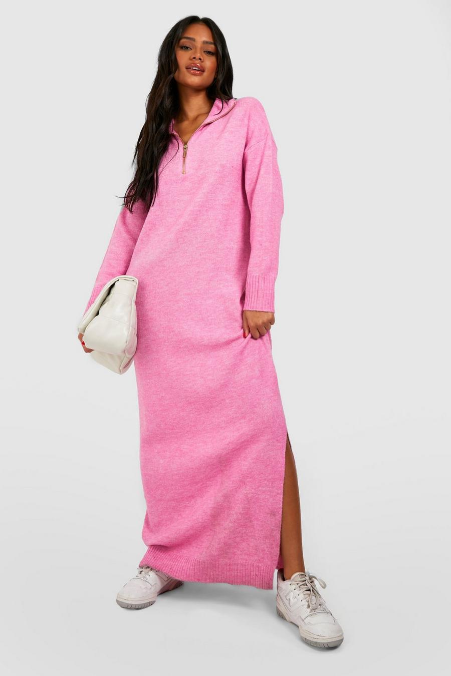 Pink Half Zip Polo Collar Knitted Maxi Dress image number 1