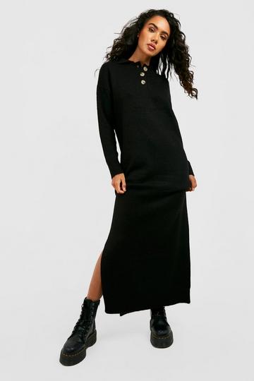 Polo Button Collar Knitted Maxi Dress black