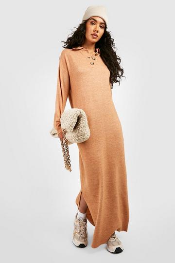 Camel Beige Polo Button Collar Knitted Maxi Dress