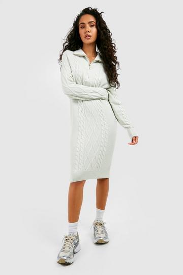 Cable Knit Half Zip Collared Sweater Dress silver