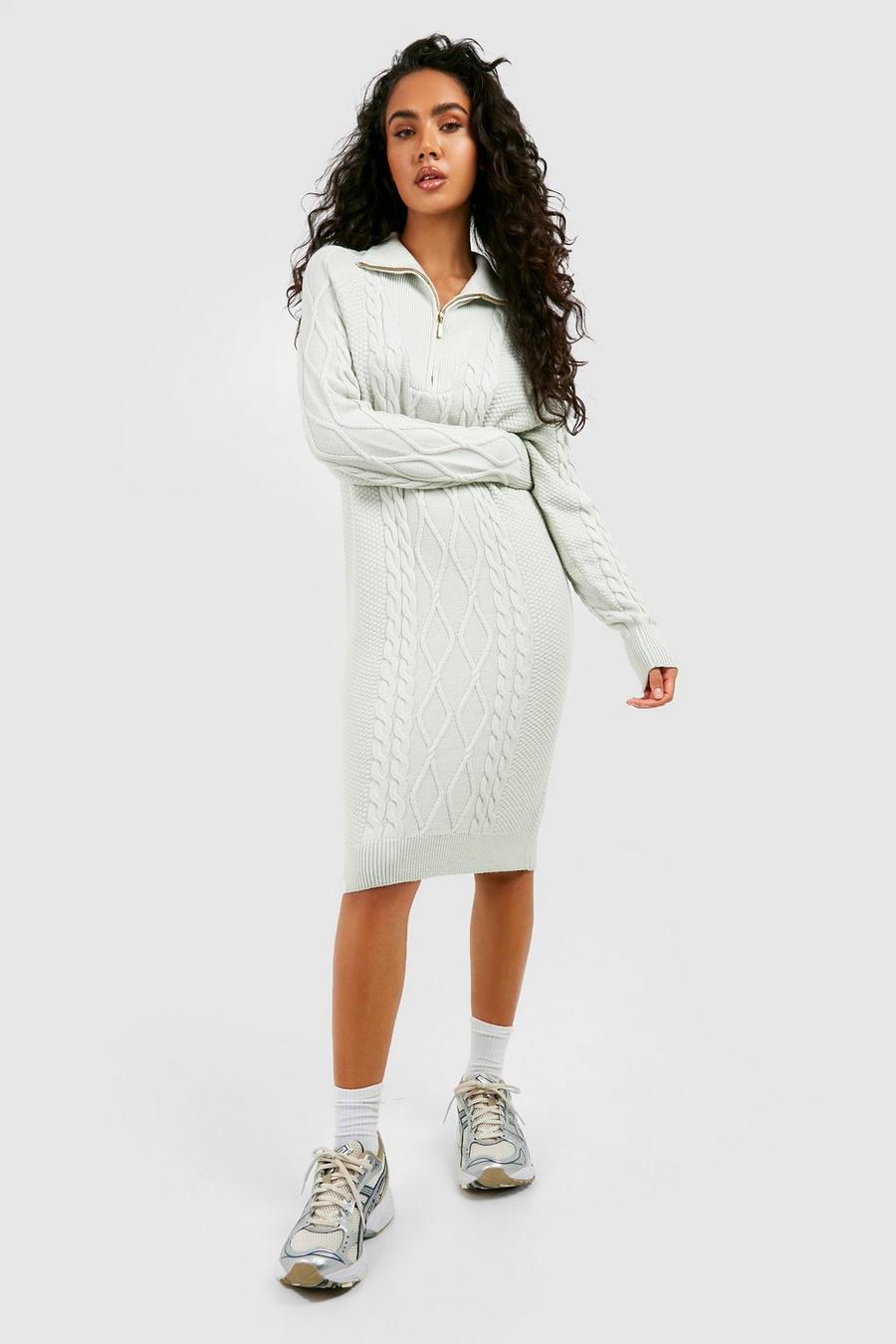 Silver Cable Knit Half Zip Collared Sweater Dress