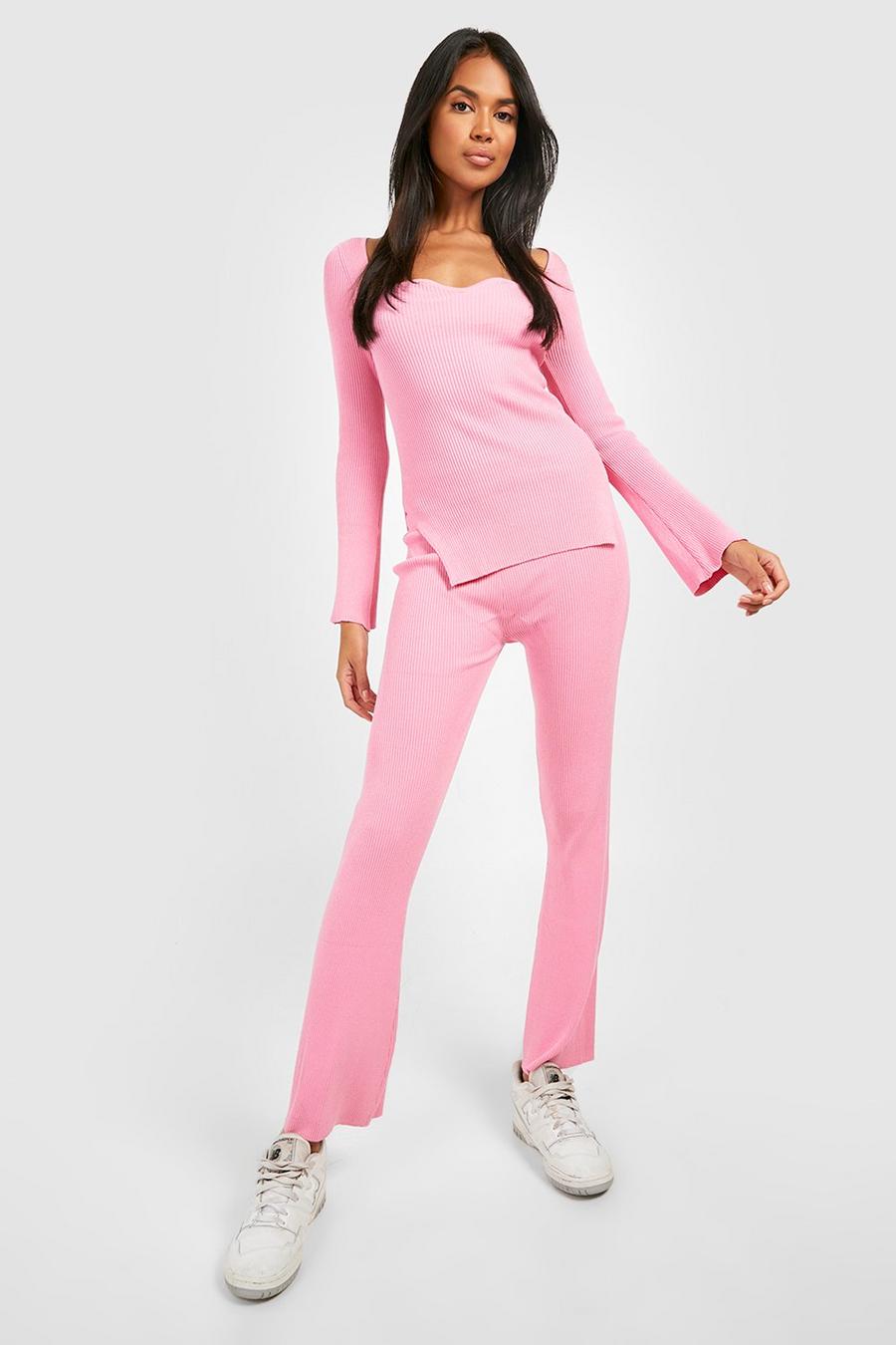Conjunto coordinado de pantalón de pernera ancha holgado de punto y canalé, Pink image number 1