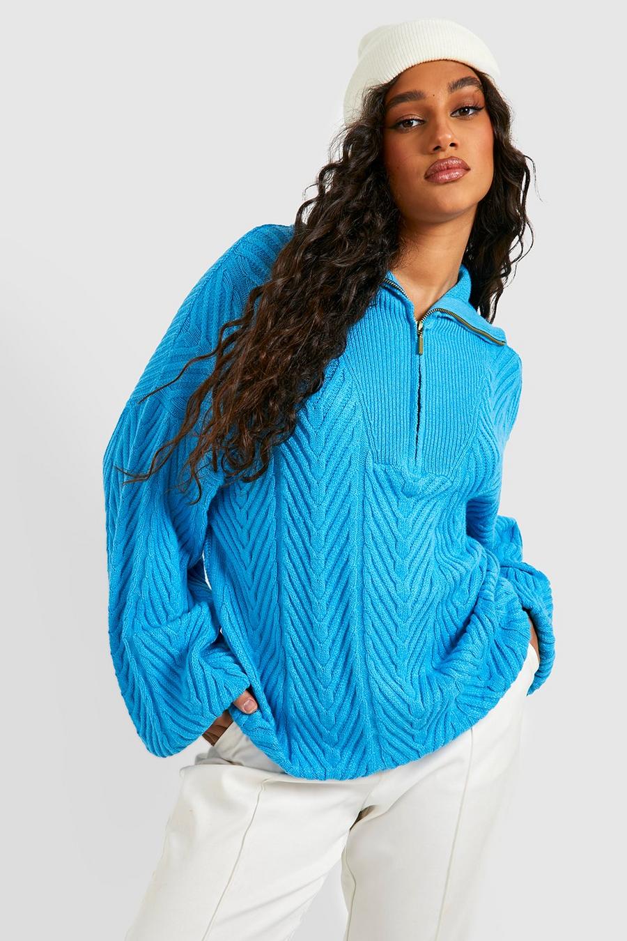 Jersey con cuello de polo, cremallera a la mitad y costuras en zigzag, Turquoise image number 1