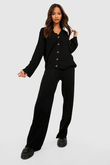 Rib Knit Buttoned Cardigan & Pants Two-Piece black